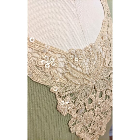 Womens Pastel Green Tank Top Fairy Coquette Beaded Lace Detail Summer Sz L - Picture 4 of 8